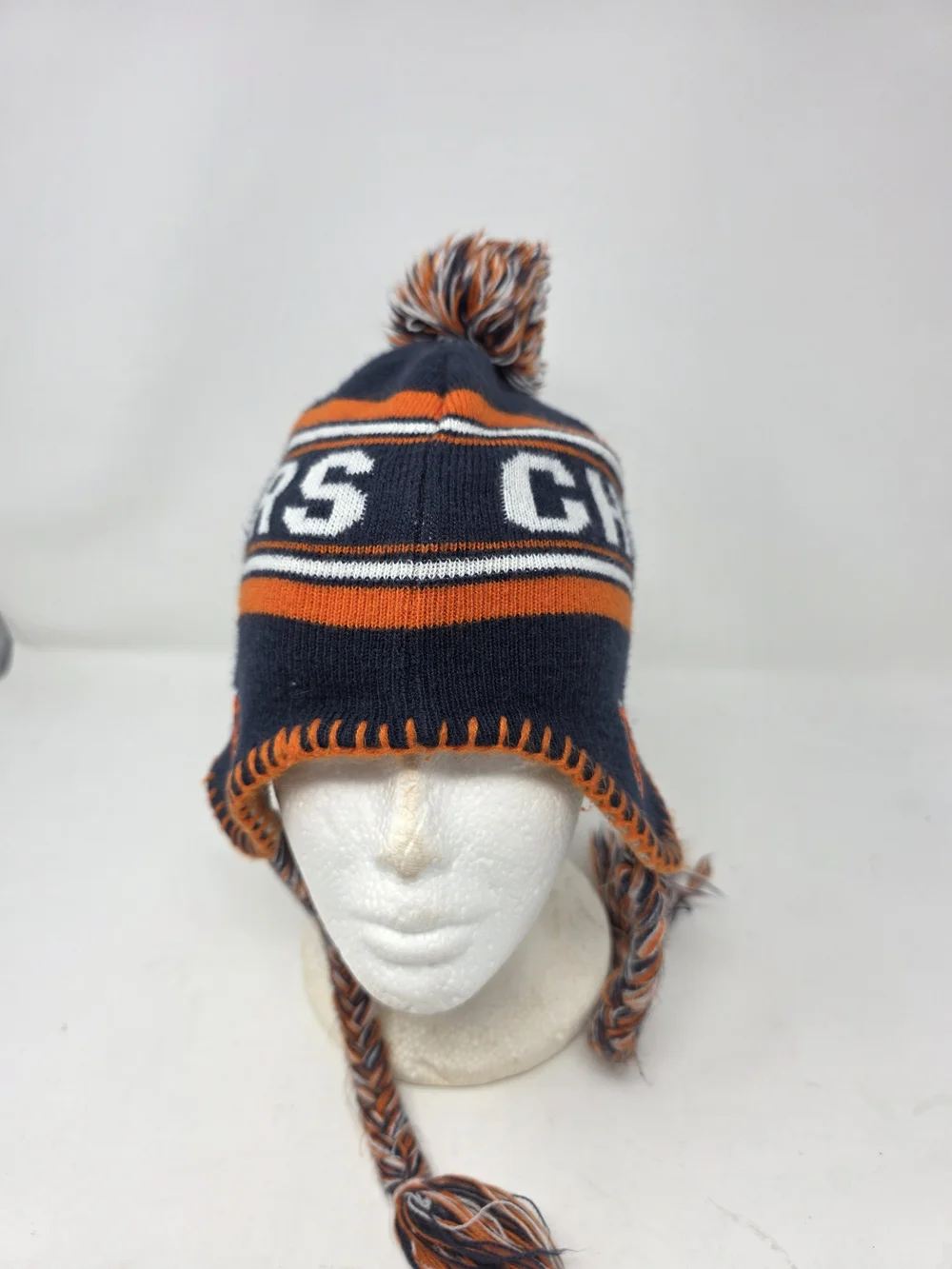NFL Chicago Bears Youth Fleece Lined Knit Earflap Beanie Pom Hat Navy Orange
